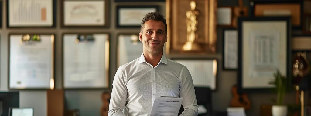 a confident business owner stands in a sleek, modern office, holding a detailed prenuptial agreement while surrounded by framed awards and financial reports, symbolizing the protection of business interests in marriage.