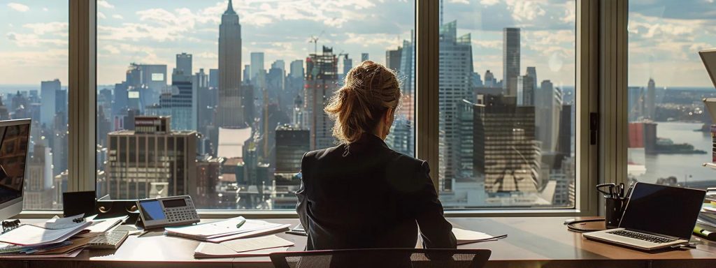 a contemplative business owner sits at a sleek, modern desk, surrounded by strategic documents and a laptop, gazing thoughtfully at a city skyline through a large window, symbolizing resilience and focus amidst the challenges of divorce.