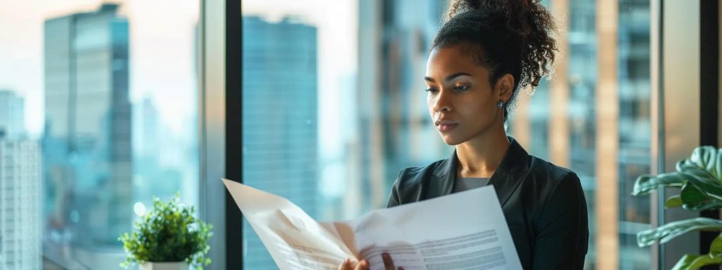 a focused business professional stands in a sleek, modern office space, gazing thoughtfully out a large window while surrounded by legal documents and a laptop, embodying the journey of developing emotional resilience during a business divorce.