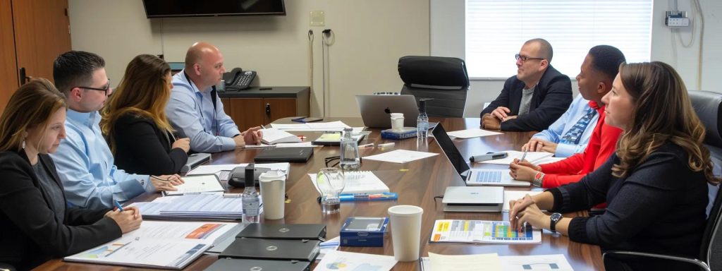 a focused office setting showcases a diverse group of professionals collaborating over a large table filled with legal documents, laptops, and charts, emphasizing the meticulous process of developing a comprehensive family home ownership transfer plan.