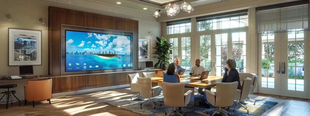 a focused, professional meeting is taking place in a modern office conference room, where family members actively discuss their roles in home ownership transfer, surrounded by documents and a digital presentation outlining estate planning strategies.