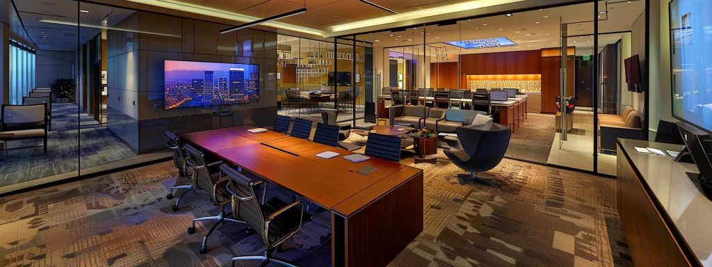 a modern office setting featuring a sophisticated conference room, where a diverse group of professionals are engaged in a focused discussion about estate planning strategies, surrounded by detailed documents and digital presentations highlighting home ownership and asset management.