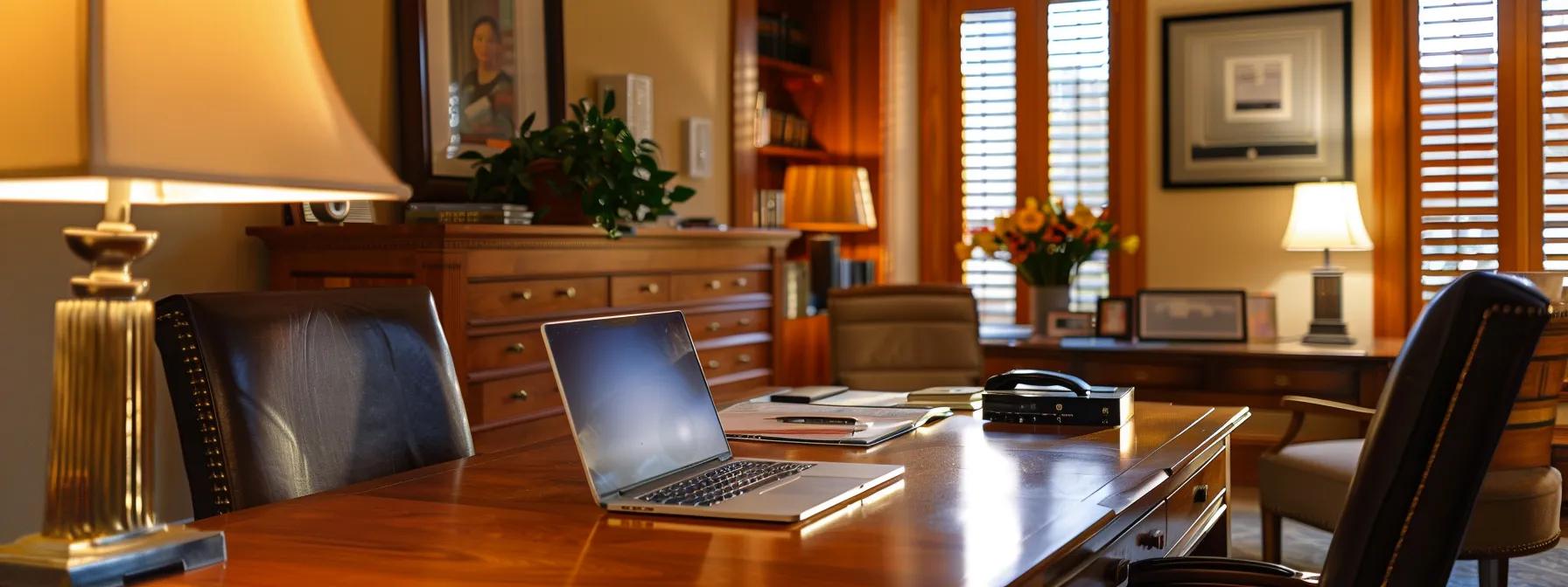 a sleek, modern home office, featuring a polished wooden desk with a laptop open to an estate planning software, documents neatly arranged, and a tasteful family photo in the background, all illuminated by warm, strategic lighting to convey professionalism and care in family wealth transfer.