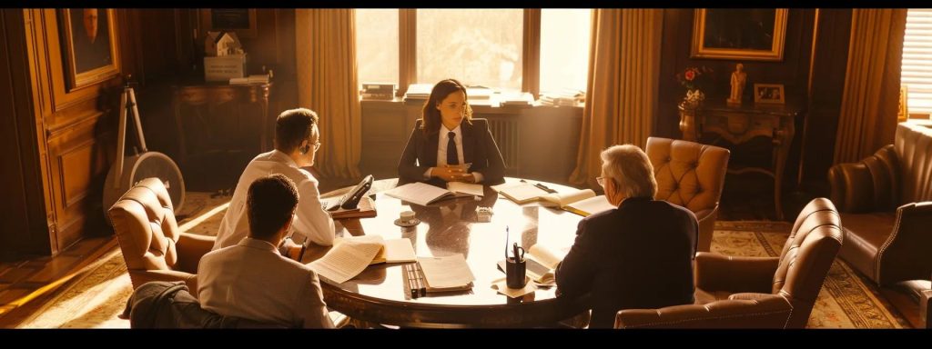 a calming office environment features a diverse couple sitting across from a mediator at a round table, reflecting serenity and mutual respect while discussing their peaceful divorce process, with warm lighting highlighting their composed expressions and open files suggesting thoughtful planning.