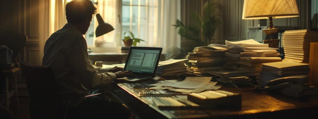 a focused shot of a sleek, modern office desk piled with legal documents, a laptop open displaying a divorce filing website, and a contemplative figure pondering the complexities of the divorce process under soft, ambient lighting.