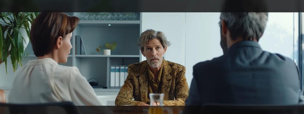 a professional mediator sits at a sleek conference table, facilitating a focused discussion between a divorced couple, with a neutral, calming office environment that emphasizes open communication and mutual respect.