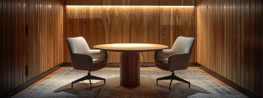a serene and modern mediation room, featuring a round table with two chairs, soft ambient lighting, and calming decor, symbolizes a respectful and constructive dialogue between two individuals navigating the emotional complexities of divorce mediation.