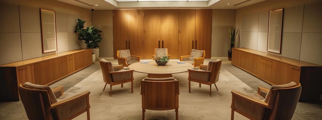 a serene mediation room with a round table, flanked by comfortable chairs, where a mediator guides a couple towards a collaborative discussion, with soft lighting that conveys a peaceful and supportive atmosphere.
