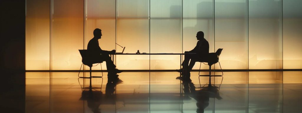 a serene mediation room with two individuals seated across from each other at a polished conference table, engaged in focused dialogue, while a neutral mediator guides the discussion with visible empathy and understanding, emphasizing collaboration and shared goals in a professional setting.