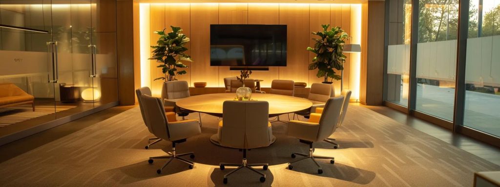 a sleek, modern mediation room is set up with a round table surrounded by comfortable chairs, accentuated by soft lighting that creates an inviting atmosphere, symbolizing the confidentiality and openness essential for effective dialogue during sensitive divorce discussions.