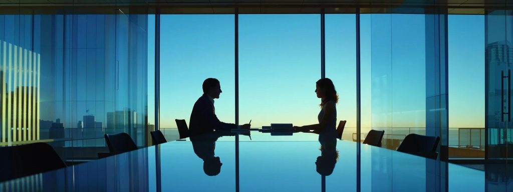 a sleek, modern office conference room features a couple engaged in a serious discussion with a professional lawyer, highlighting a well-organized table filled with legal documents, symbolizing the structured process of creating a prenuptial agreement.
