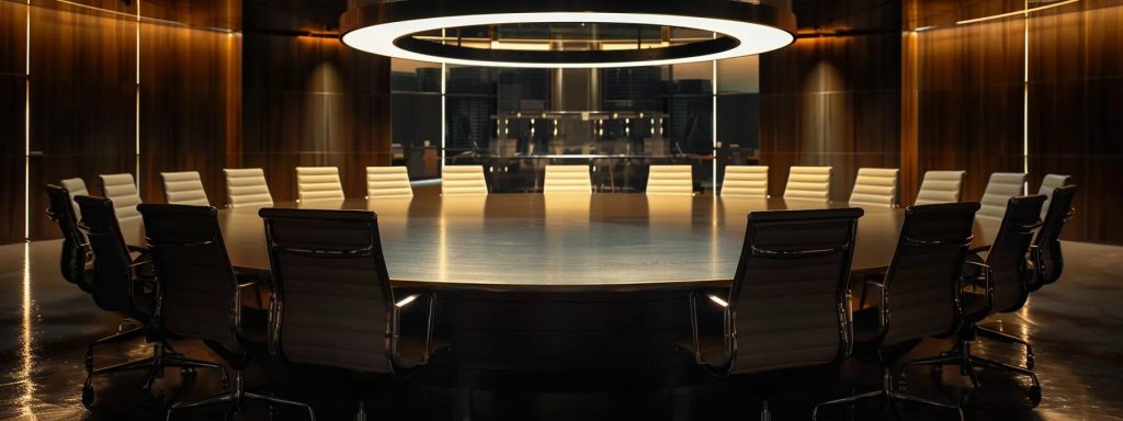 a somber, modern office conference room is set with a large, oval table surrounded by empty chairs, conveying a sense of deliberation over child custody decisions, illuminated by soft overhead lighting to emphasize the gravity of the discussion.