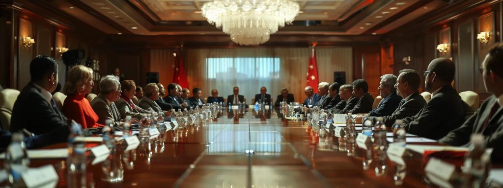 a sophisticated conference room setting showcases a diverse group of professionals engaged in a lively discussion over a well-organized table filled with documents, highlighting the importance of prenuptial agreements in fostering transparent communication and financial harmony between couples.