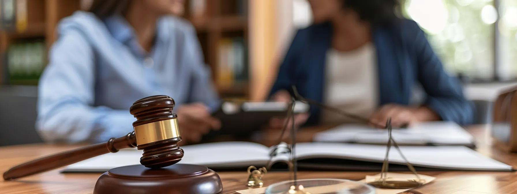 a sophisticated office setting features a couple engaged in a candid discussion over a prenuptial agreement, surrounded by legal documents and a laptop, conveying a sense of trust and collaboration in their relationship.