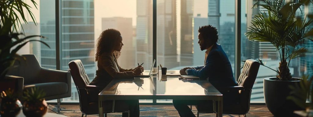 a sophisticated office setting showcases a couple seated across from each other at a polished conference table, reviewing a prenuptial agreement with focused expressions, surrounded by modern decor that emphasizes professionalism and clarity in their financial discussions.